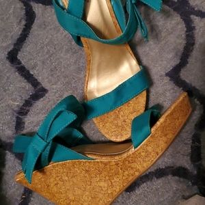 Teal strap cork wedges